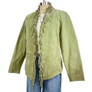 Women’s Vintage Dialogue Green Genuine Suede Leather Fringe Lined Jacket (Sz M)